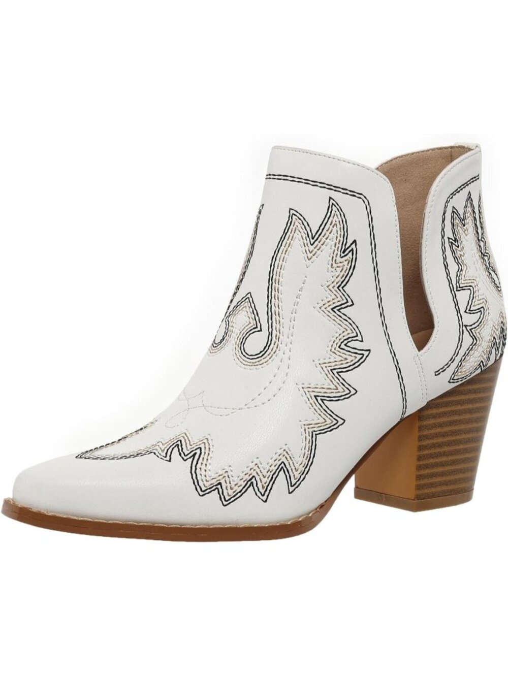 Women's White Cowgirl Ankle Boots Pointed Toe Chunky Block Heel Cutout Shoes
